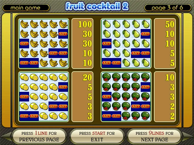 Pagos de los símbolos bajos de Fruit Cocktail 2